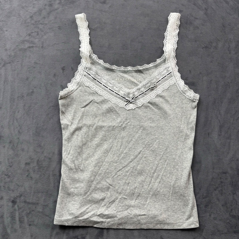 Aeropostale Gray Ribbed Lace Trim Cami Top with Bow Detail Large